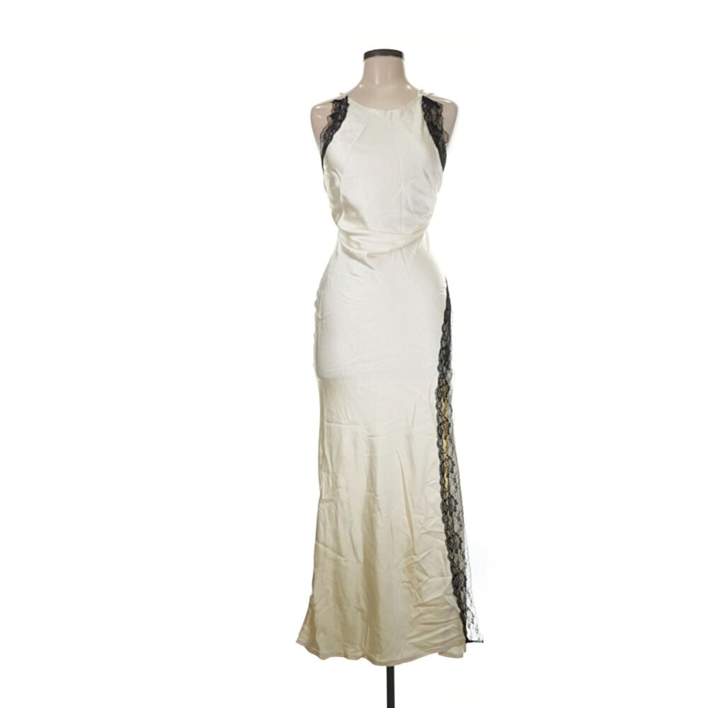 Here Comes The Sun Ivory Black Lace Cutout Maxi Dress Y2K Satin Slip Formal
